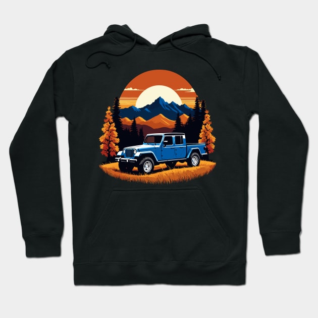 Jeep Gladiator Fall Mountain Scene With Retro Sunset Hoodie by SunGraphicsLab